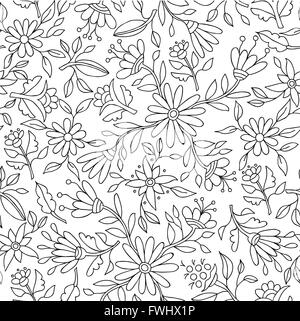 Floral spring pattern background in black and white with flower outlines and nature elements ideal for adult coloring book. EPS1 Stock Vector