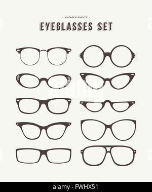 Set of retro eyeglass icons in fashionable hipster vintage style, classic eye wear symbol collection. EPS10 vector. Stock Vector
