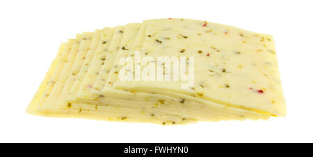 Side view of several slices of pepper jack cheese isolated on a white background. Stock Photo