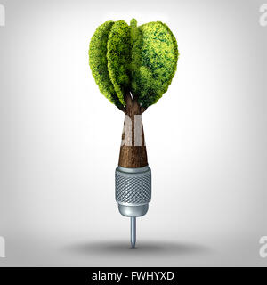 Environmental goal and green marketing success as a 3D illustration dart with a tree growing shaped as a target arrow as a business investment symbol or ecology conservation goals. Stock Photo
