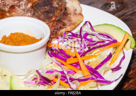 Close Up Of Grilled Pork With Mashed Potatoes, Studio Light Stock Photo