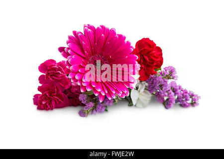 Spring bouquet flowers with gerbera,carnations and purple flowers isolated on white Stock Photo