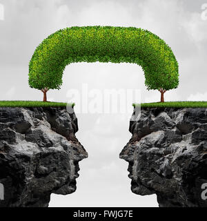 Connecting business concept as two separate detached 3D illustration cliffs connected together by trees that have merged together to form a long term union as a successful agreement metaphor. Stock Photo