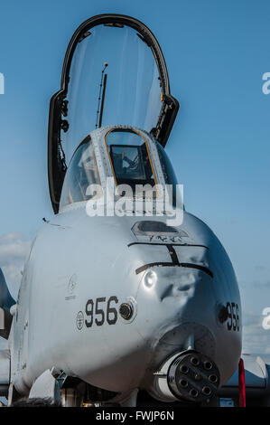 Fairchild Republic A-10 Thunderbolt II is an American twin-engine straight wing jet aircraft developed for tank busting ground attack. Damaged nose Stock Photo