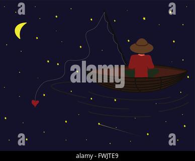 a boy wish-fishing in a boat in the sky full with stars Stock Vector