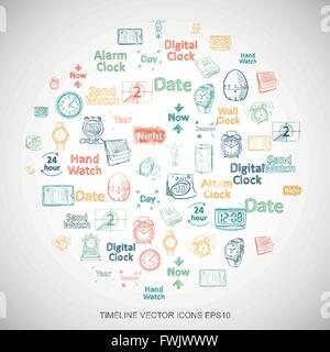 Time Multicolor doodles Hand Drawing Time Icons set on White. EPS10 vector illustration. Stock Vector