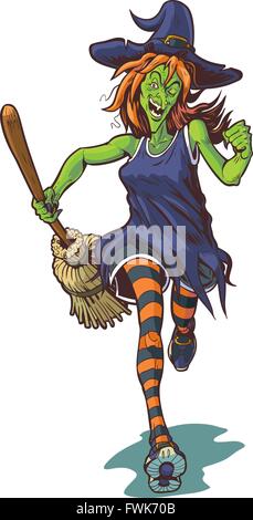 Vector cartoon clip art illustration of an ugly or scary witch mascot running or jogging with a broom. Stock Vector