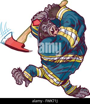 Vector cartoon clip art illustration of a tough angry gorilla mascot wearing a firefighter uniform and swinging a fire axe. Stock Vector