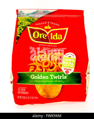 Winneconne, WI - 29 August 2015: Bag of Ore Ida golden twirls, made from 100% potatoes. Stock Photo