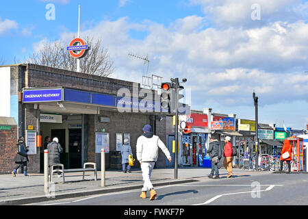 Dagenham Heathway London Underground station entrance on bridge carrying road over the District Line & non stopping C2C to Fenchurch Street England UK Stock Photo