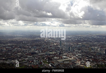 aerial view of stormy skies over the Manchester skyline, UK Stock Photo