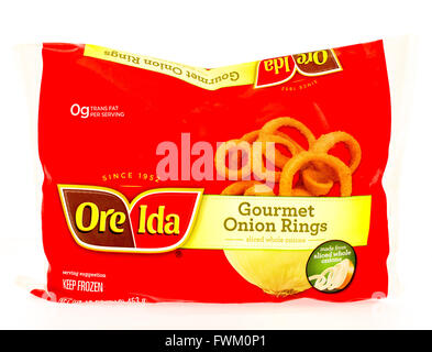 Winneconne, WI - 29 August 2015: Bag of Ore Ida gourmet onion rings Stock Photo