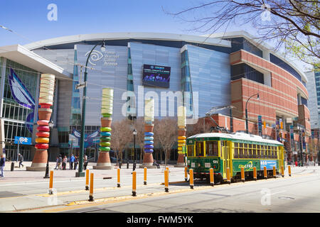 Streetcar and Time Warner Cable Arena, Trade Street, Charlotte, North Carolina, USA. Stock Photo