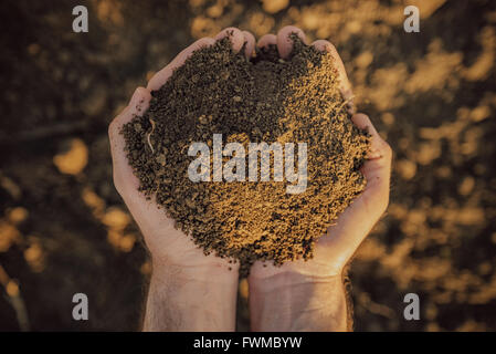 Male farmer holding pile of soil and examining its quality on fertile agricultural land, agronomist preparing land for new crop Stock Photo