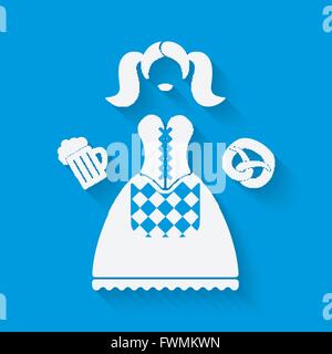 Girl in national dress with beer mug and pretzel. Oktoberfest beer festival concept in white and blue colors. vector illustratio Stock Vector
