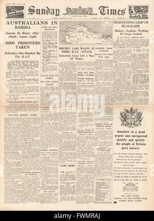 1941 front page Sunday Times Australian Troops Enter Bardia and British Blockade of Germany Tightens Stock Photo