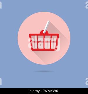 shopping basket flat design long shadow vector icon in circle on pastel blue background Stock Vector