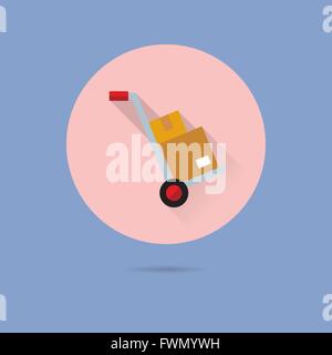 hand truck with parcels flat design long shadow vector icon in circle on pastel blue background Stock Vector