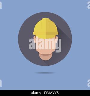 blue collar worker with hard hat flat design long shadow vector icon in circle on pastel blue background Stock Vector