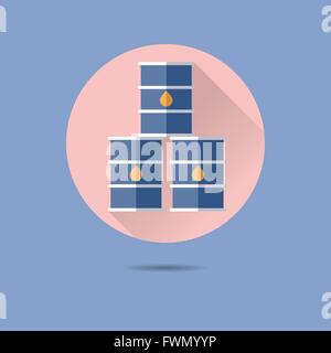 stack of oil barrels flat design long shadow vector icon in circle on pastel blue background Stock Vector