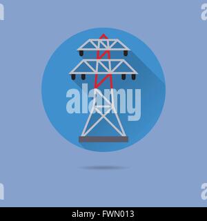 electricity pylon flat design long shadow vector icon in circle on pastel blue background Stock Vector