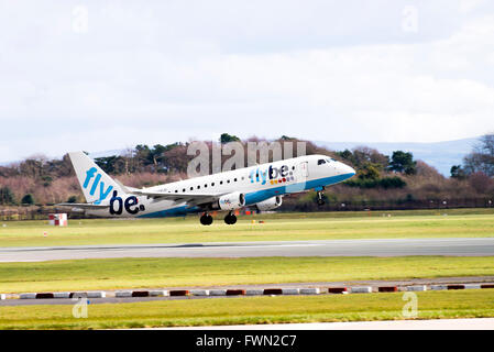 Flybe Airline Embraer 175-ST Airliner G-FBJD Taking Off at Manchester International Airport England United Kingdom UK Stock Photo