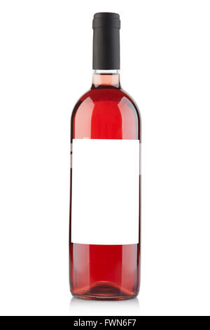 Rose wine bottle with blank label on white, clipping path Stock Photo