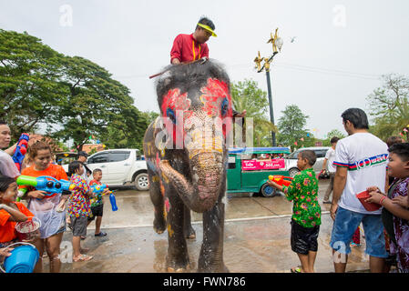 Revelers enjoy water splashing with elephants during Songkran Festival on Apr 13, 2015 in Ayutthaya, Thailand. Stock Photo
