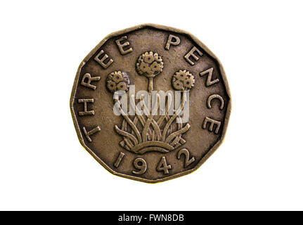 Three pence piece, old UK coinage pre decimal. Stock Photo