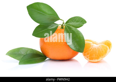 Mandarin orange tangerine slices with leaves isolated on a white background Stock Photo