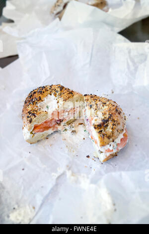Black Seed Bagel with smoked salmon and cream cheese schmear  NYC Stock Photo