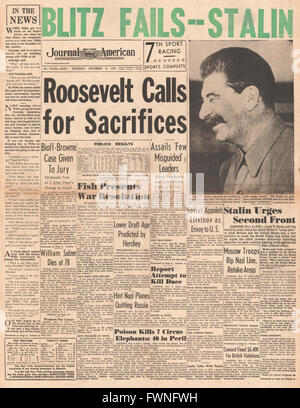 1941 front page New York Journal American Roosevelt speech call for sacrifices Stock Photo