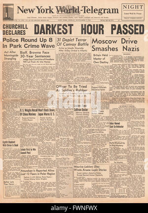 1941 front page New York World Telegram Churchill declares darkest hour has passed Stock Photo