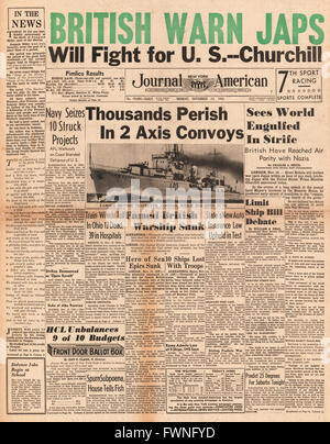 1941 front page New York World Telegram  Battle of the Duisburg Convoy and HMS Cossack sunk Stock Photo