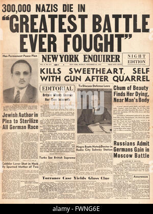 1941 front page New York Enquirer Battle for Moscow and release of book 'Germany Must Perish' by Theodore Kaufman Stock Photo