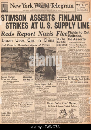 1941 front page New York World Telegram U.S. Secretary of War Stimson criticises Finland for helping German Army close U.S. supply line Stock Photo