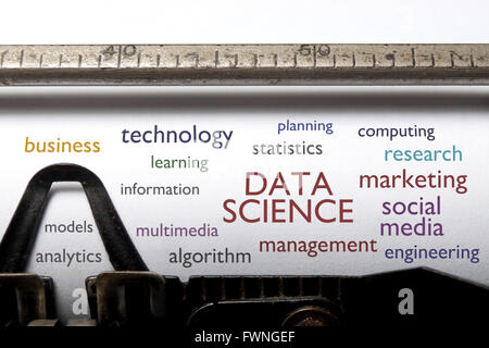 Data science word cloud printed on a typewriter Stock Photo