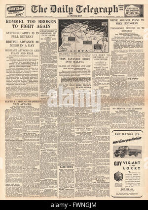 1941 front page Daily Telegraph Rommel in full retreat in Libya, Japanese advance in Malaya and Russian Army attack Finnish Forces Stock Photo