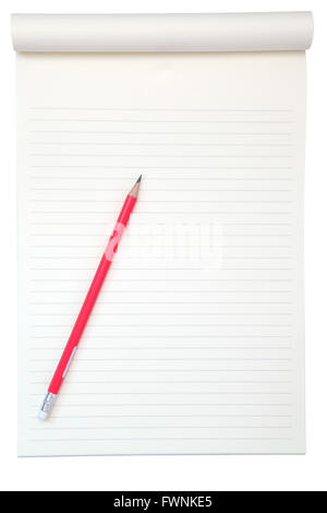 yellow paper for reading with pencil isolated on white Stock Photo