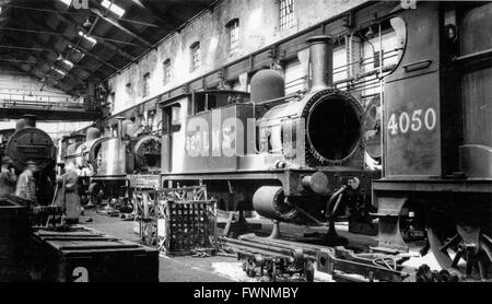 The Erecting shop at Bow Works featuring a North London 0-6-0T  an LMS 3F 0-6-0 on the right. Stock Photo