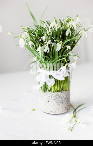Beautiful snowdrop flowers in a transparent vase with lace ribbon and a small heart on a white table Stock Photo