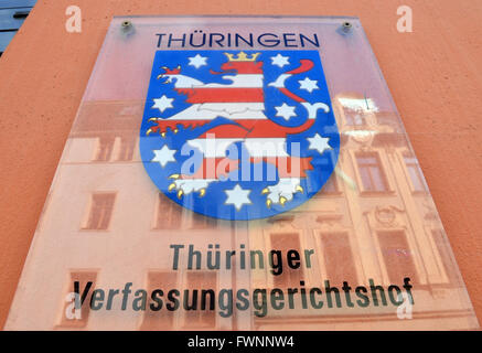 Weimar, Germany. 6th Apr, 2016. The sign of the constitutional court of Thuringia in Weimar, Germany, 6 April 2016. The court debates on the suit of right-wing extremist party NPD against the Prime Minister of Thuringia. PHOTO: MARTIN SCHUTT/dpa/Alamy Live News Stock Photo