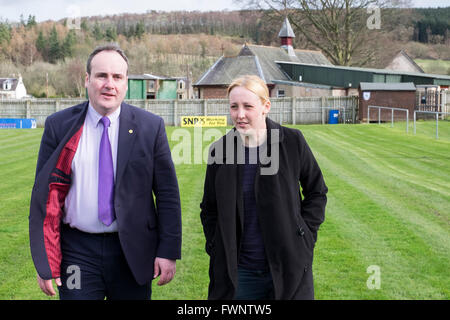 Selkirk, UK. 6th April, 2016. Mhairi Black SNP MP on the campaign trail Mhairi Black MP, on the campaign trail at grass roots level, visits Selkirk FC, Yarrow Park, Selkirk today with local SNP Candidate Paul Wheelhouse, ahead of a public meeting in Hawick. Credit:  Rob Gray/Alamy Live News Stock Photo