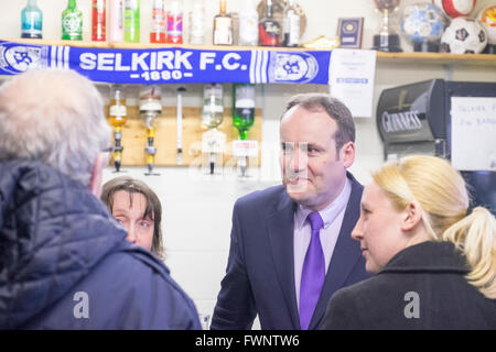 Selkirk, UK. 6th April, 2016. Mhairi Black SNP MP on the campaign trail Mhairi Black MP, on the campaign trail at grass roots level, visits Selkirk FC, Yarrow Park, Selkirk today with local SNP Candidate Paul Wheelhouse, ahead of a public meeting in Hawick. Credit:  Rob Gray/Alamy Live News Stock Photo