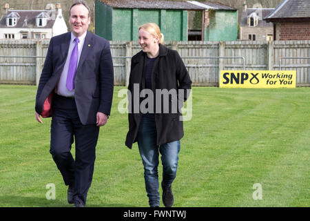 Selkirk, UK. 6th April, 2016. Mhairi Black SNP MP on the campaign trail Mhairi Black MP, on the campaign trail at grass roots level, visits Selkirk FC, Yarrow Park, Selkirk today with local SNP Candidate Paul Wheelhouse, ahead of a public meeting in Hawick. Credit:  Rob Gray/Alamy Live News Stock Photo