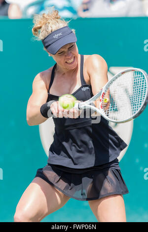 Charleston, SC, USA. 6th Apr, 2016. Charleston, SC - Apr 06, 2016: Madison Keys (USA) [8] plays against Laura Siegemund (GER) during the Volvo Car Open at the Family Circle Tennis Center in Charleston, SC.Siegemund upsets Keys 7-6(3), 4-6, 4-6 and heads to round 3 at the Volvo Car Open. Credit:  csm/Alamy Live News Stock Photo