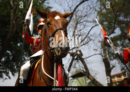 Kathmandu, Nepal. 7th Apr, 2016. A Nepalese Army soldier prepares before Ghode Jatra festival or Horse Parade in Tundikhel grounds, Kathmandu, Nepal on Thursday, April 7, 2016. According to myths it is said that Ghode Jatra is celebrated as triumph over demon that once was a horror in the city and by galloping horses the demon spirit stays under the ground. Credit:  Skanda Gautam/ZUMA Wire/Alamy Live News Stock Photo