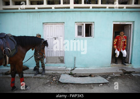 Kathmandu, Nepal. 7th Apr, 2016. Nepalese Army soldiers get ready before Ghode Jatra festival or Horse Parade in Tundikhel grounds, Kathmandu, Nepal on Thursday, April 7, 2016. According to myths it is said that Ghode Jatra is celebrated as triumph over demon that once was a horror in the city and by galloping horses the demon spirit stays under the ground. Credit:  Skanda Gautam/ZUMA Wire/Alamy Live News Stock Photo