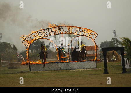 Kathmandu, Nepal. 7th Apr, 2016. Horses jump through fire rings during the Ghode Jatra celebrations in Kathmandu, Nepal, April 7, 2016. Nepal's Army usually organizes horse racing, acrobatics performance and other activities to mark the traditional Ghode Jatra, or horse racing festival. Credit:  Pratap Thapa/Xinhua/Alamy Live News Stock Photo