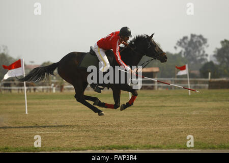 Kathmandu, Nepal. 7th Apr, 2016. A Nepalese soldier performs horse riding skills during the Ghode Jatra celebrations in Kathmandu, Nepal, April 7, 2016. Nepal's Army usually organizes horse racing, acrobatics performance and other activities to mark the traditional Ghode Jatra, or horse racing festival. Credit:  Pratap Thapa/Xinhua/Alamy Live News Stock Photo